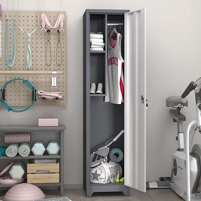 GREATMEET Slim Lockable Garage Storage Cabinet, Narrow Broom Storage Closet, 65" Metal Cleaning Tool Cabinet with Lock and Door,Utility Cabinets for Brooms and Mops for Laundry Room, White&Grey