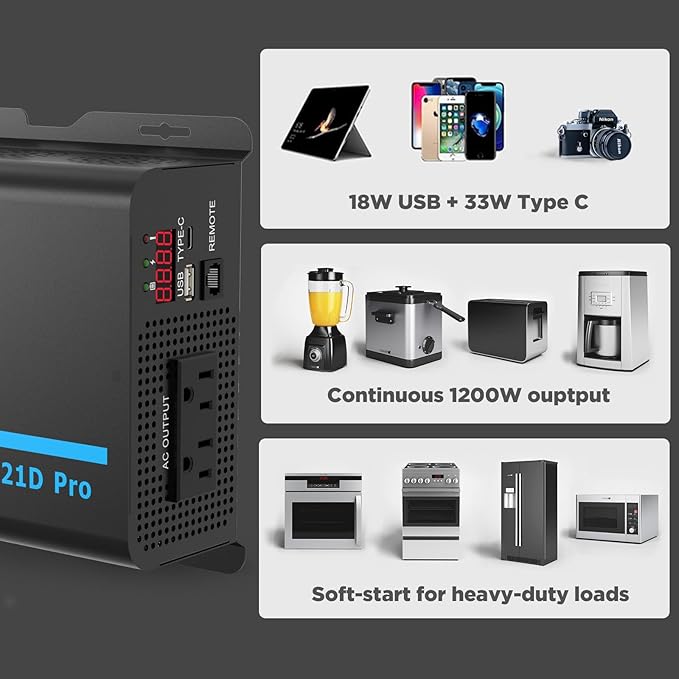 EDECOA Pure Sine Wave Inverter 1200W 12V DC to 110V AC Power Inverter with USB Port and Type-C Port 2 AC Outlets Remote Control LED Display for RV Car Boat Household