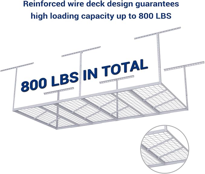 FLEXIMOUNTS Pro 4x8 Overhead Garage Storage Rack,Adjustable Storage Organization System,Heavy Duty Metal Ceiling Storage Racks,800lbs Weight Capacity,White