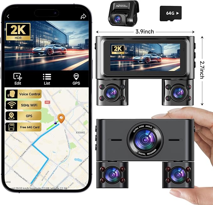 Dash Cam 360°, Dash Camera for Cars Front and Rear Inside, 4 Channel 4K/2K FHD Mini Dashcam, Built-In WiFi, GPS,with 64GB Card, Voice Control, WDR,HDR,Night Vision, 24/7 Parking Mode(Upgraded Version)