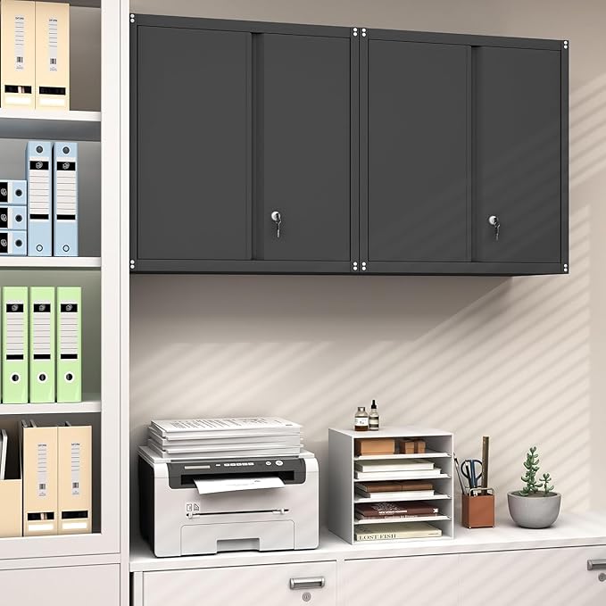 GREATMEET Locking Metal Wall Cabinets for Garage, Garage Cabinets Wall Mount, Steel Floating Hanging Storage Cabinet with Doors and Adjustable Shelf for Utility Room