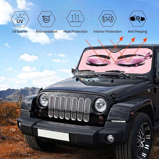 Hello Eyelashes Car Sun Shade Windshield Sunshade Foldable Front Window Shield Cover for Truck SUV