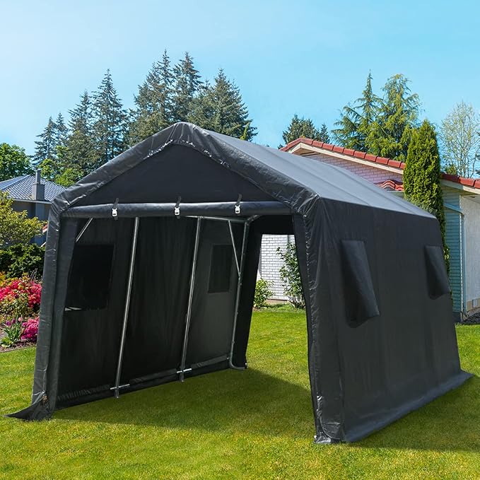 ADVANCE OUTDOOR 10X15 ft Garage Shelter Steel Metal Peak Roof Portable Storage Shed Carport for Motorcycle Boat, or Garden Tools with 2 Roll up Doors & Vents, Gray