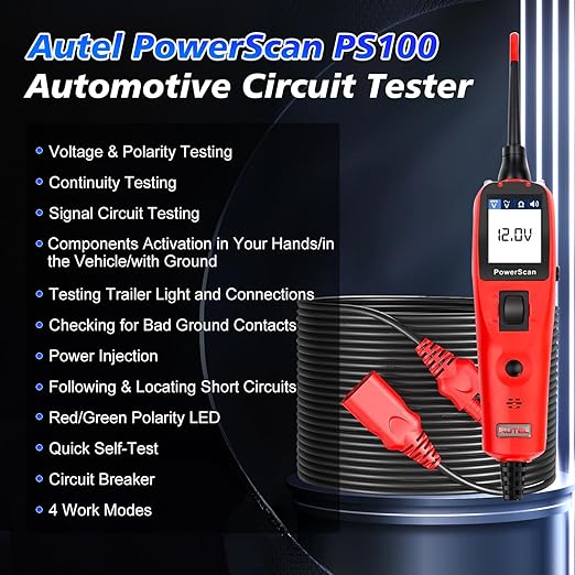 Autel PowerScan PS100 Power Circuit Probe Tester, Breaker Finder, 12V 24V Automotive Electrical Diagnostic Tool with 20ft Extension Cable, AVOmeter, Test Light, Continuity Checker, for 99% Cars
