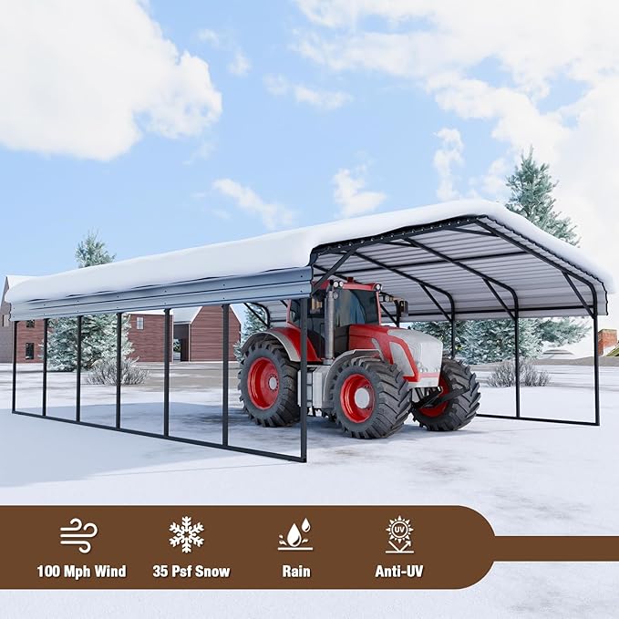 EBE 20'x30' Metal Carport, Heavy Duty Carports Canopy with Galvanized Steel Roof, Outdoor Carport Metal Garage Shelter Shade 2 Cars, Truck, Boat, SUV