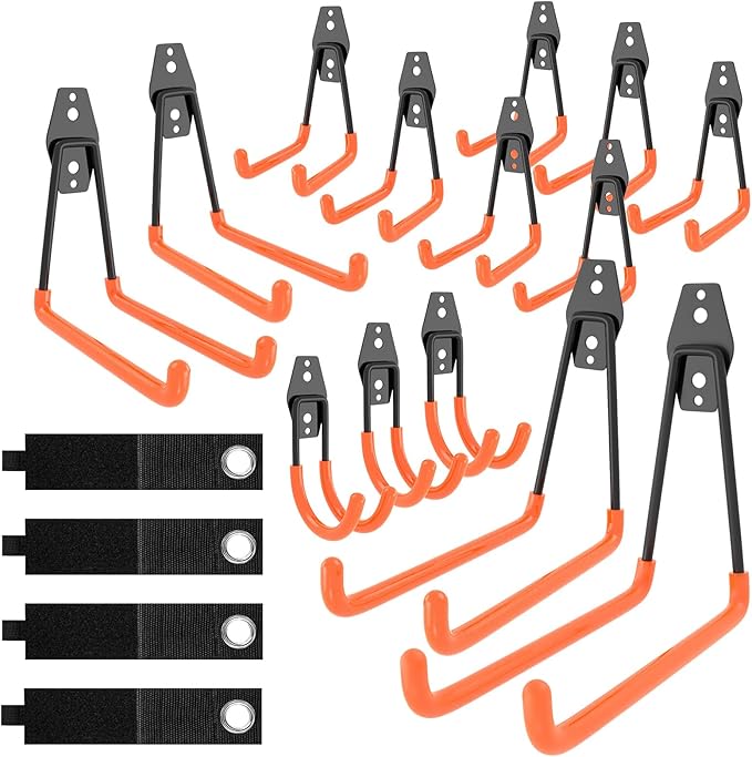 QcoQce 18 Pack Extension Cord Hooks with Wall Mount, Heavy Duty Utility Hangers for Hose, Wires, Cables, Garage Organization with Anti-Slip Coating, Screws Included (Orange)