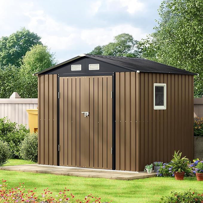 8X6FT Outdoor Steel Storage Shed with Lockable Doors, One Big Window,Ideal for Garden, Backyard, Patio Storage,Brown