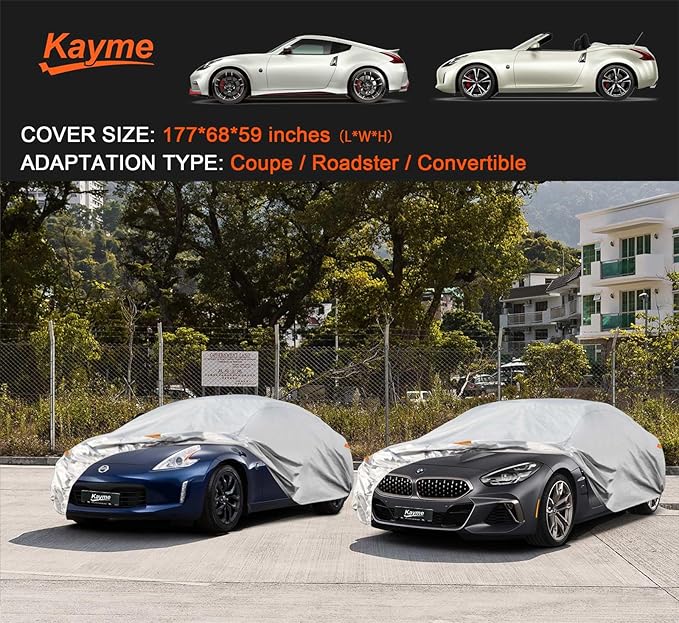 Kayme 6 Layers Car Cover Waterproof All Weather for Automobiles, Outdoor Full Cover Rain Sun UV Protection, Universal Fit for Nissan Versa/350Z/370Z, Porsche 718 Cayman, Dodge Viper (Up to 177 inch)