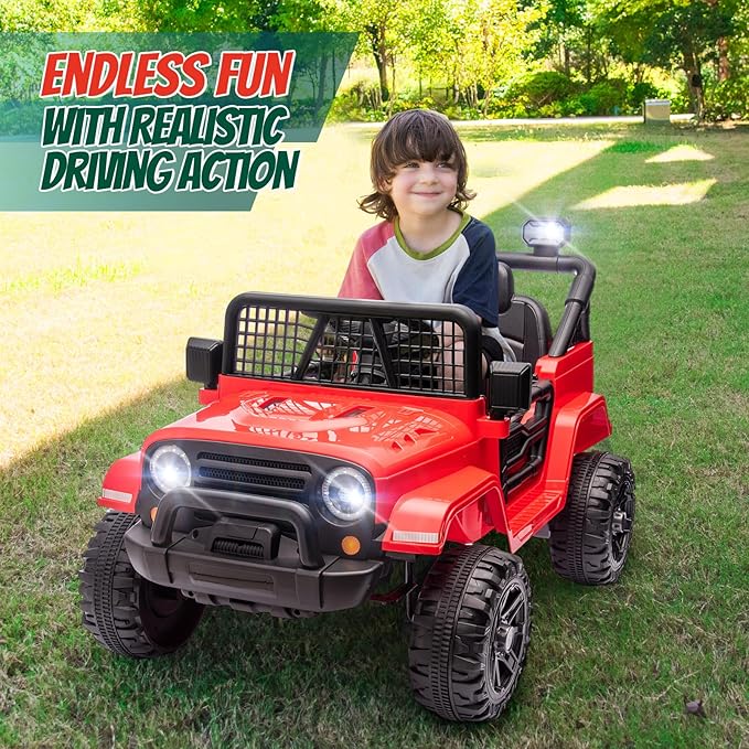 JOYMOR 12V Kids Ride on Truck with Remote Control, 4 Wheels Battery Powered Kids Car, Electric Play Car with LED Lights/Horn/Remote and Manual Control/3-5 MPH Speed/Gift for Girl Boy (Red)