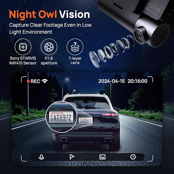 70mai 4K Dash Cam Front and Rear with STARVIS, Built in 5GHz WiFi & GPS Car Camera, Super Night Vision, ADAS, 3'' IPS Screen, 24H Parking Mode, Time-Lapse, Loop Recording, Support 256GB Max (A800S)