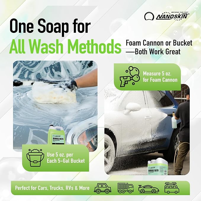 Nanoskin BUBBLE BATH Foaming Car Wash Shampoo 16 Oz. - Works with Foam Cannon, Foam Gun, Bucket Washes, Car Soap for Pressure Washer | For Car, Truck, Motorcycle, RV & More | Green Apple Scented