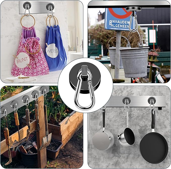 MIKEDE Strong Magnetic Hooks Heavy Duty, 200LBS+ Black Swivel Neodymium Magnets with Carabiner Hook, Hooks for Hanging, Curtain - 4 Pack