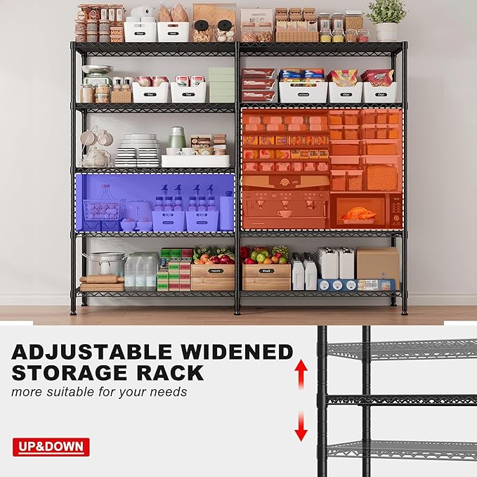 REIBII 1500LBS Storage Shelves Metal Shelving Unit 61.7''W Wire Shelving, 5 Tier Pantry Shelves Kitchen Shelves Adjustable Wire Shelf for Commercial Garage Shelving Heavy Duty, 61.7" W*72.4" H*15.8" D