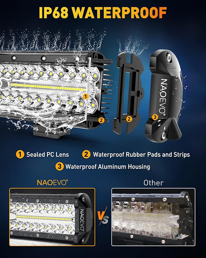 NAOEVO 12 Inch LED Light Bar and 4PCS 4 Inch LED Pod Lights, 54000LM LED Fog/Driving/Off Road Lights, Triple Row Spot Flood Combo LED Light Bar for Truck Car UTV ATV Boat, 1 Year Warranty