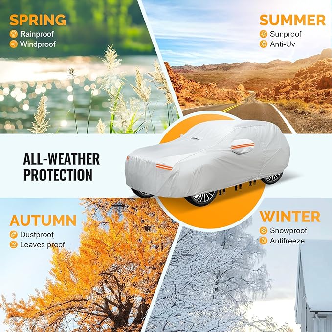 30 Layers SUV Car Cover for Automobiles All Weather Waterproof, Outdoor Snowproof UV Protection Windproof, Door Zipper, Soft Cotton, Heavy Duty Universal Car Covers, (Silver, Fit SUV 191"-200")