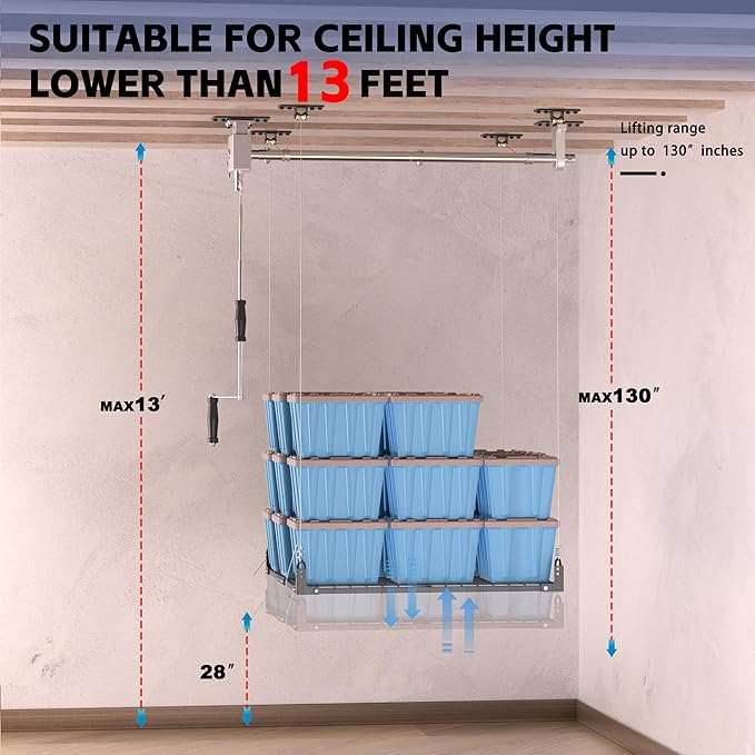 Overhead Garage Storage Rack,4x4FT Ceiling Storage Racks Lift,Adjustable Organization System,Workshops or Basements(Black)