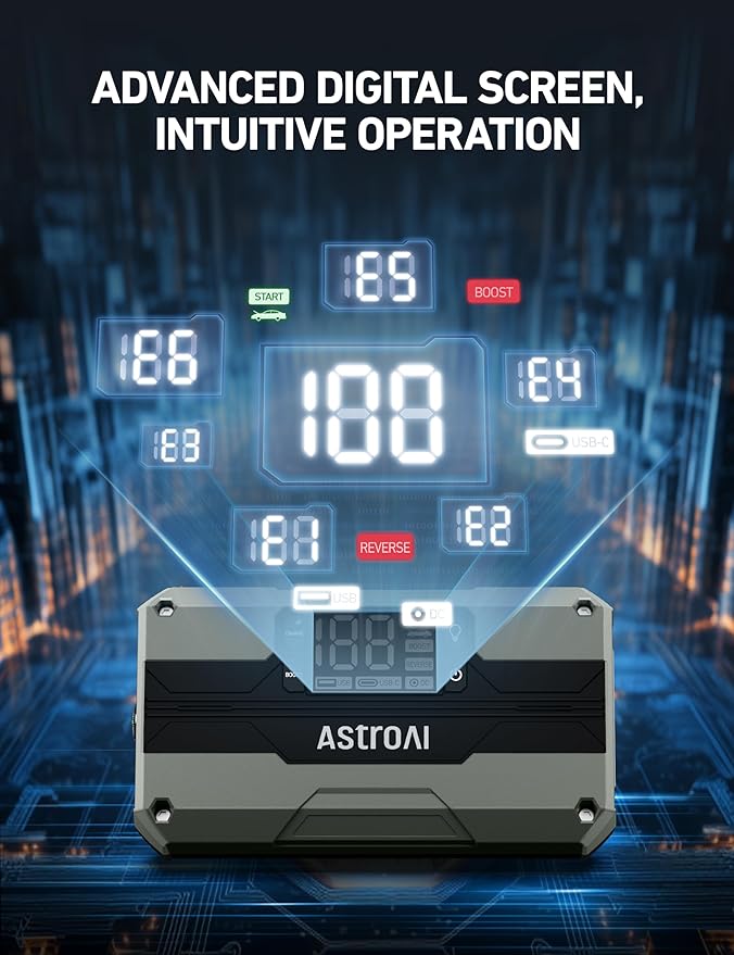 AstroAI T8 Car Battery Jump Starter, 2500A 8-in-1 Jump Box for Car Battery, Up to 8.0L Gas & 5.0L Diesel Engine, 15200mAh QC 3.0 Power Bank, Informative LED Screen with Cigarette Adapter, Jumper Cable