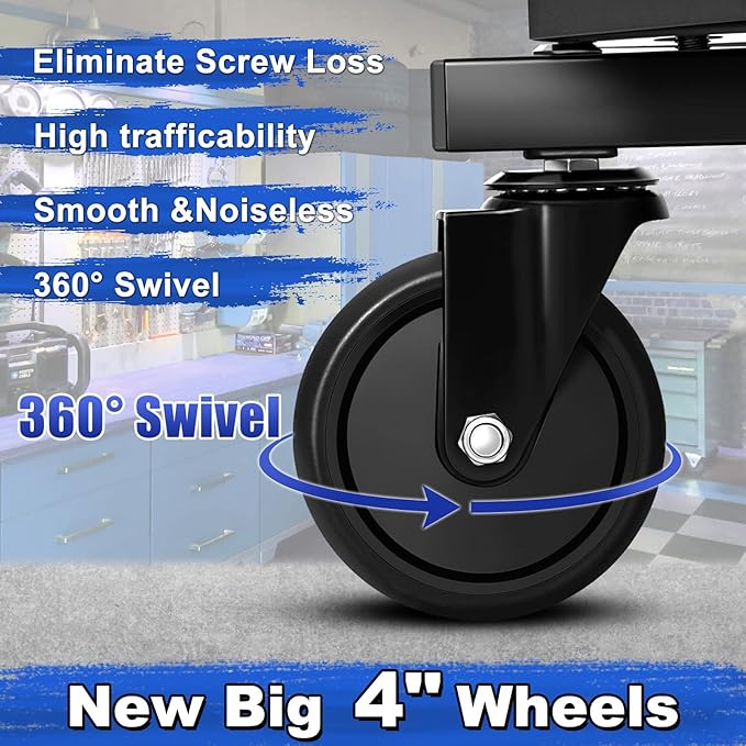 Rolling Stool with Wheels, Adjustable Height Pneumatic Garage Work Mechanic Stool Seat with Backrest, 400 LBS Capacity 360° Swivel Mechanic Crepper Chair with Tool Tray Storage, Blue