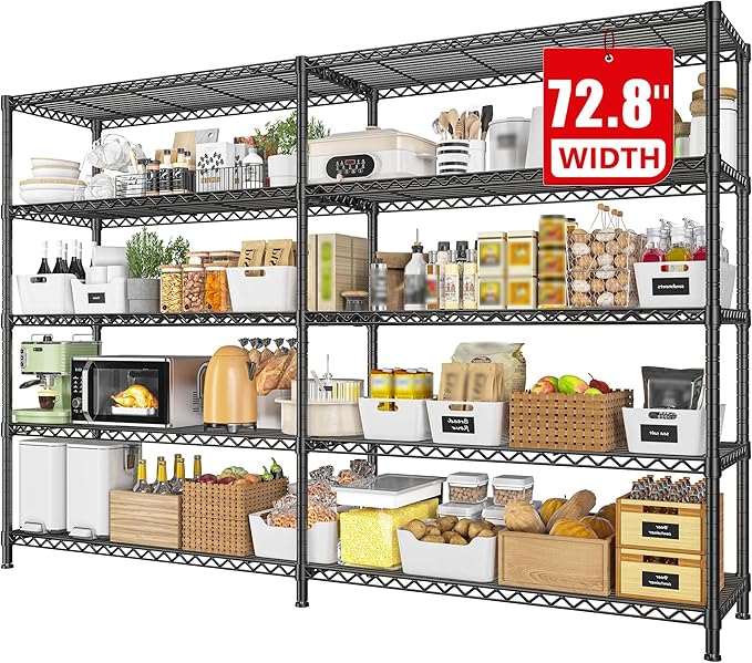 REIBII 72.8" W Storage Shelves Load 1600LBS, 5 Tier Metal Shelving Unit Wire Shelving for Storage Rack Heavy Duty Metal Shelves for Garage Pantry Kitchen, 17.7" D x 72.8" W x 70.9" H
