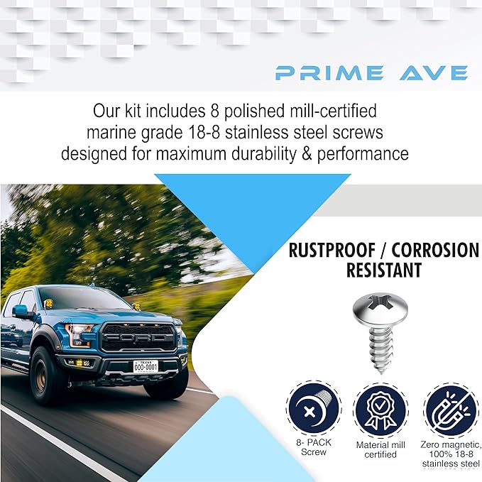 Stainless Steel License Plate Screws for License Plates, Frames, Covers - Durable & Rust Proof Licence Plate Screw Set for Front/Rear - Compatible with Ford Lincoln (Pack of 8)