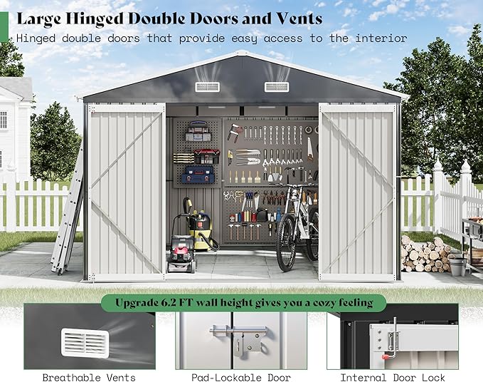 AMERLIFE 10x12x7 FT Galvanized Steel Storage Shed with Dual Transparent Panels, 2 4-Pane Windows & Hinged Double Doors, Outdoor Shed for Backyard, Garden, Patio, Dark Grey/White