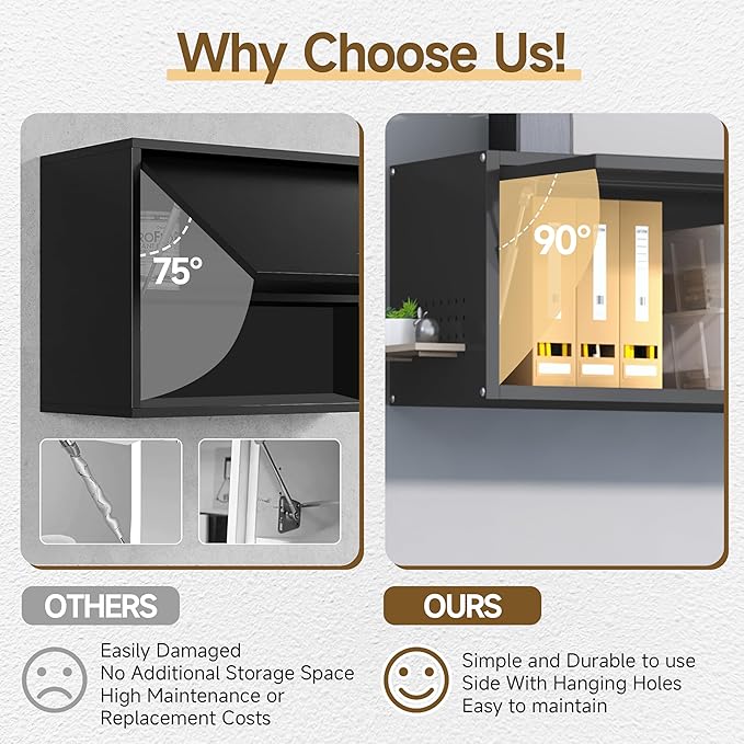 Metal Garage Wall Cabinet, Floating Tool Cabinet for Home, Office, Kitchen, Basement, Warehouse - Black with Up-Flip Door, Wall Mounted, Assembly Required