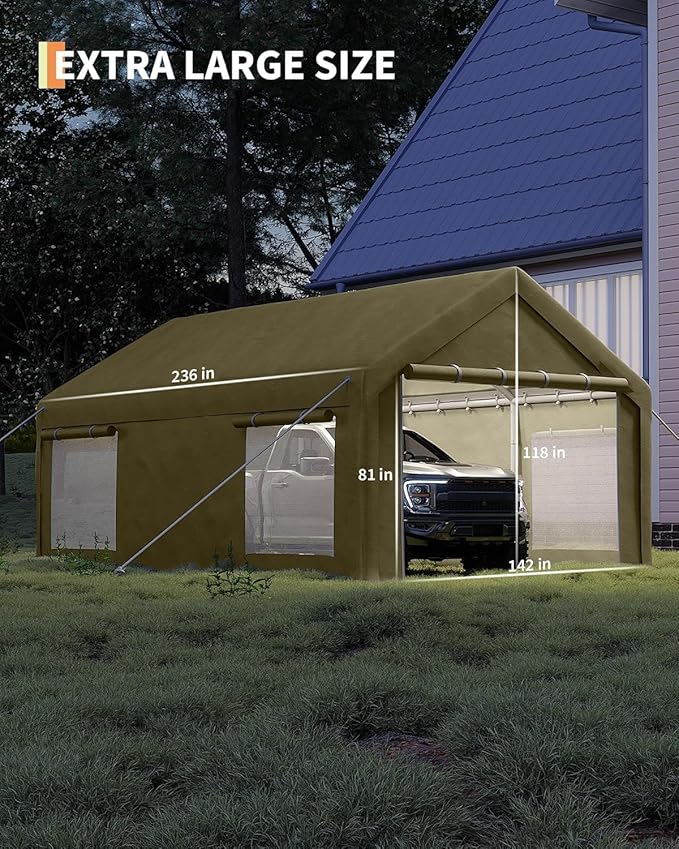 12 x 20ft Heavy-Duty Carport Canopy with Roll-Up Windows & DoorsThickened Wind Ropes, Ground Nails, Portable Car Tent Garage for Cars, Trucks, Boats, 180G Durable Tarp Cover,Yellow