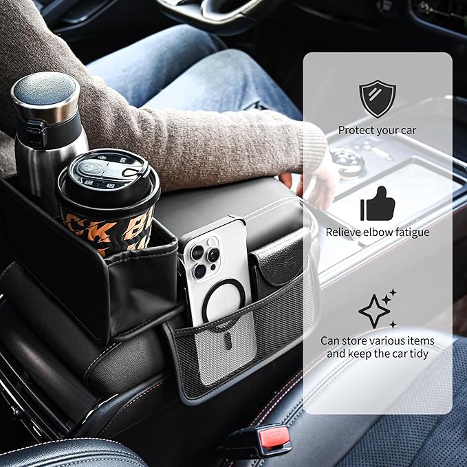 JEYODA Upgraded Car Armrest Cover,Premium Leather Car Armrest Cover Cushion with Storage Holder, Caddy for car (brown)