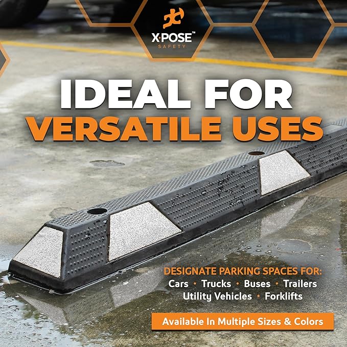 Xpose Safety 72" Heavy Duty Rubber Parking Stopper – Bulk Full Pallet 50 Pack Wheel Blocks for Garage, Driveway, or Ramp – Car Bumper Stop with White Reflective Strips – Removable Floor Mount