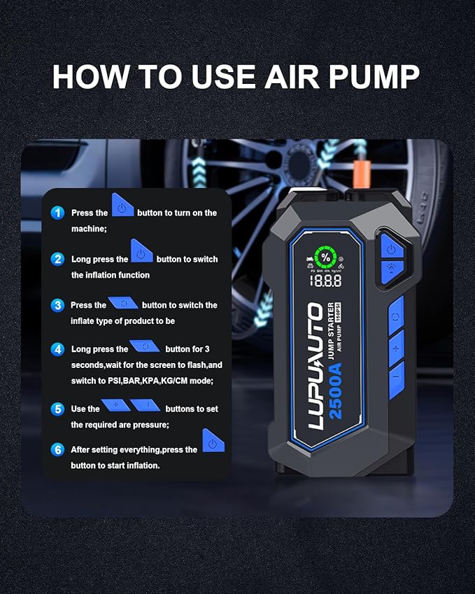 2500A Portable Jump Starter, Car Battery Jump Starter with Air Compressor, USB-C Power Bank Charger, Jumper Cables for up to 7.5-Liter Gas and 5.0-Liter Diesel Engines