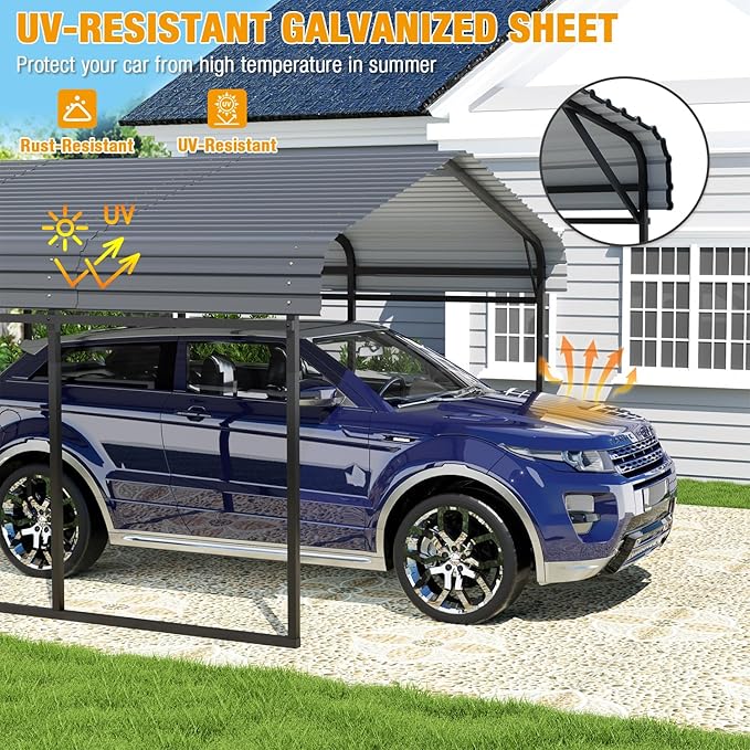 EBE 10 x 15 FT Outdoor Carport, Heavy Duty Metal Carports with Galvanized Steel Roof, Carport Canopy Garage Shelter Shade for Car, SUV, Truck, Boats and Tractors