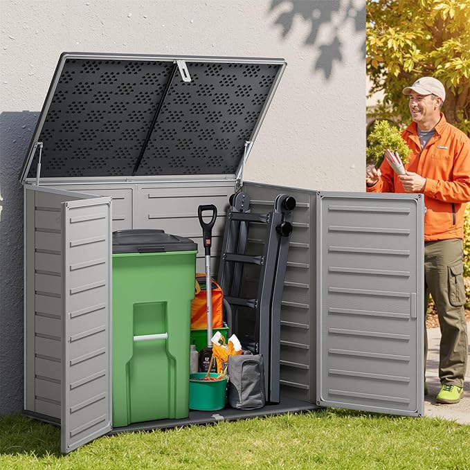 Outdoor Trash Can Storage Shed 4.6 x 4.1 FT, 304 Gallon Resin Shed with Lockable Doors & Lift Lid, Waterproof Outdoor Storage for Garden Tools, Cushions & Patio Equipment
