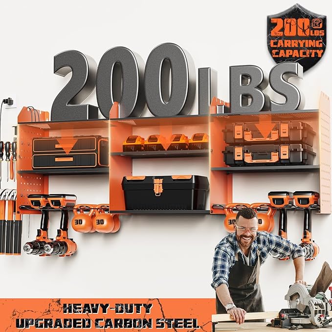 Power Tool Organizer with Charging Station Wall Mount, 3 Layer Expanded Heavy Duty Garage Organization, 45.5 Inch Length Garage Tool Storage, 8 Drills, 2 Assemble Method, Orange