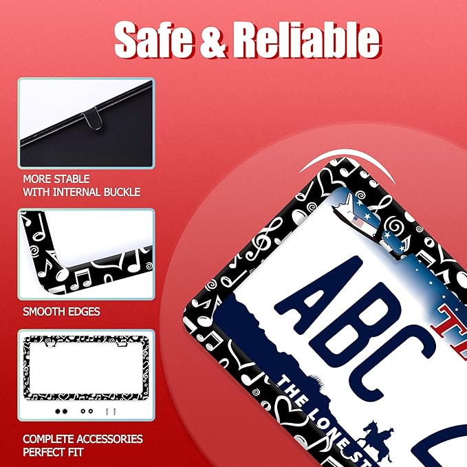 Music Note License Plate Frame Funny Musical License Plate Frames Stainless Steel Accessories Cars Decor with 2 Holes and Screws Fits Standard Us Ca Vehicles License Plate Holder 12.2 X 6 Inch
