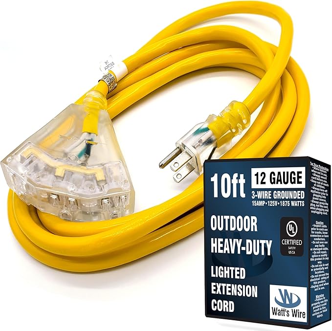 10 ft - 12 Gauge Heavy Duty Extension Cord - 3 Outlet Lighted SJTW - Indoor/Outdoor Extension_Cord by Watt's Wire - 10' 12-Gauge Grounded 15 Amp ExtensionCord Splitter