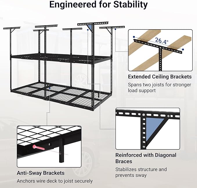 FLEXIMOUNTS 4x8 2-Tier Overhead Garage Storage Rack – Adjustable Heavy Duty Metal Garage Ceiling Storage Racks, 1000 lbs Capacity – Garages Organization System for 10–15 ft Tall Garages, Black