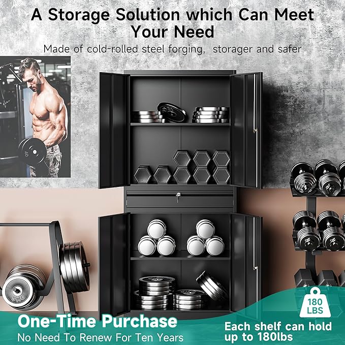 SISESOL Metal Garage Storage Cabinet with Drawer and Lock,Black Metal Storage Cabinet with Locking Doors and Adjustable Shelves,71" Tall Large Steel Tool Cabinets for Home,Office,Garage,Shop