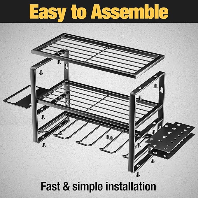 YYR Heavy Duty Power Tool Organizer Wall Mount, Cordless Drill Hanger Storage Rack, Battery Tools Holder with Charging Station Shelf for Garage Organization, Workshop, Pegboard, Shed - 16 Inch 4 Slots