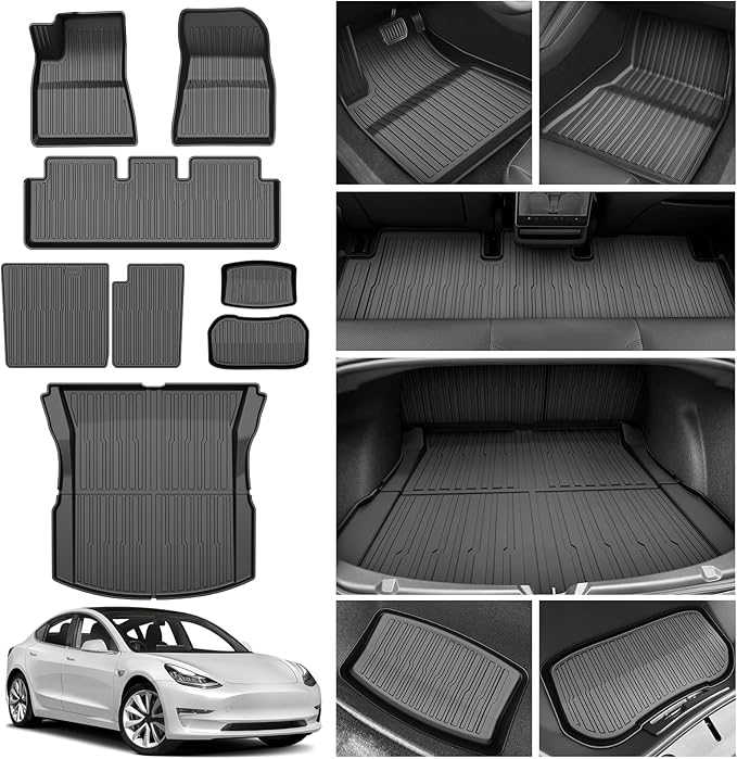 Powerty Floor Mats for 2024 2025 Tesla Model 3 Highland 8 PCS Floor Cargo Liners Full Set All Weather TPE 3D 2 Row Liner Front Rear Storage Mat and Rear Seat Back Mats