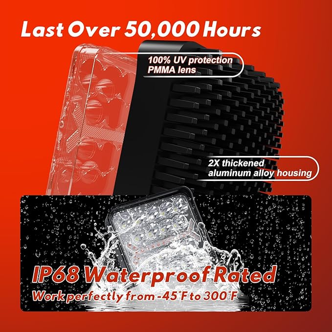 Firehawk LED Light Pods Bar 4 Inch 30000LM 60W Square Spot Flood Amber White Driving Offroad Fog Work Backup Bumper for Truck Jeep ATV UTV SUV Tractor Motorcycle 4x4 Cart Trailer Boat Waterproof 2PCS