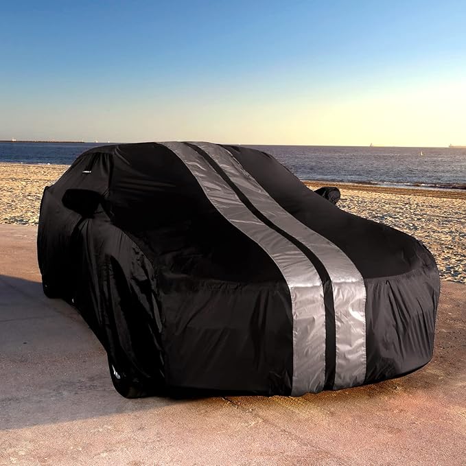 iCarCover Custom Car Cover Compatible with Camaro 2010-2023, Waterproof All Weather Rain Snow UV Sun Protector Full Exterior Indoor Outdoor Car Covers, Stripe (Black/Gray)