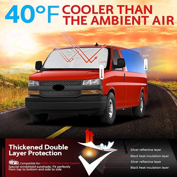 KAYZT Windshield Sun Shade for 1996-2025 2026 Che-vrolet/Chevy Express Cargo Van 1500, 3500, 4500, LS, LT Foldable Sunshade Front Window Custom Fit Car Accessories
