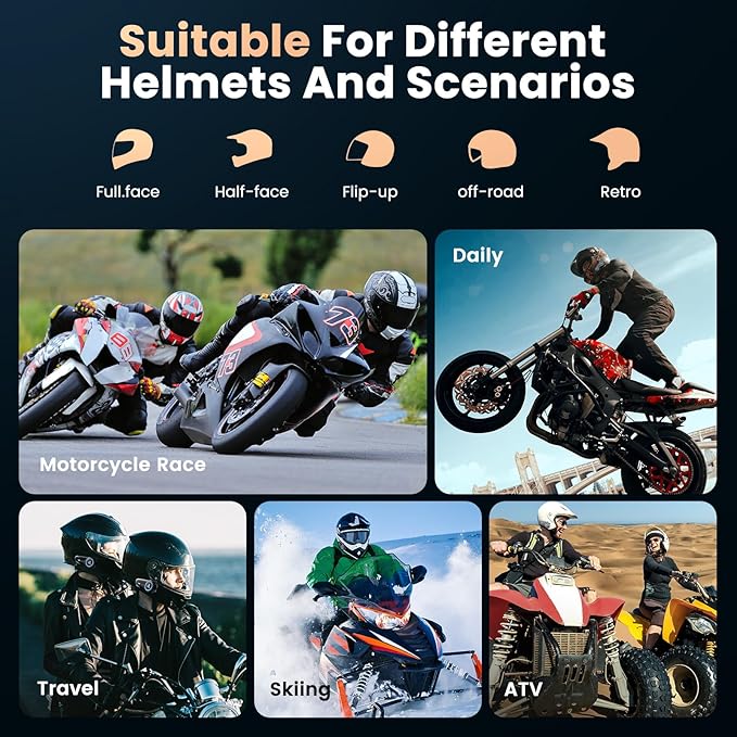 1200mAh Motorcycle Helmet Bluetooth Headset with Voice Assistant,Helmets Headset with IP66/V5.3/HI-FI Stero/Noise Reduction for Motorcycle Helmets,Single Ski/ATV/Bike