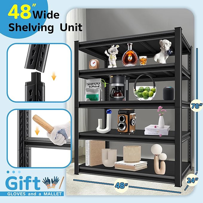 3000LBS Garage Storage Shelves Heavy Duty, 48" W x 24" D x 78" H,5-Tier Garage Shelving Heavy Duty, Industrial Metal Shelving Units for Garage, Basement,Fish Tank,Black
