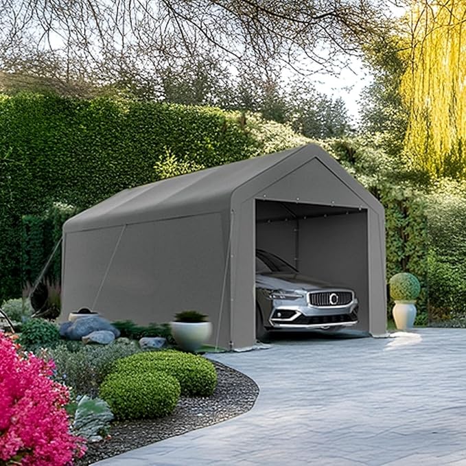 Carport 10x20 Heavy Duty Portable Garage w/Removable Sidewalls & Roll-Up Door Car Canopy Party Tents Waterproof UV Resistant All Weather Car Port for Trucks,Boats(Grey)