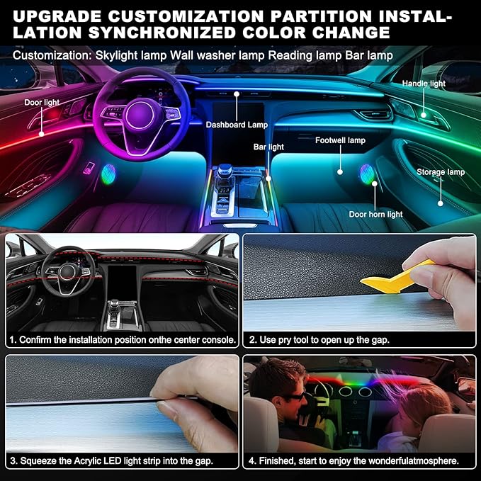 Dreamcolor Acrylic Interior Car LED Strip Light with Wireless APP, RGB 22 in 1 with 175 inches 612 LEDs Fiber Optic Strip Lights for Car, Dual Zone Music Sync Neon Car Ambient Lighting Kits