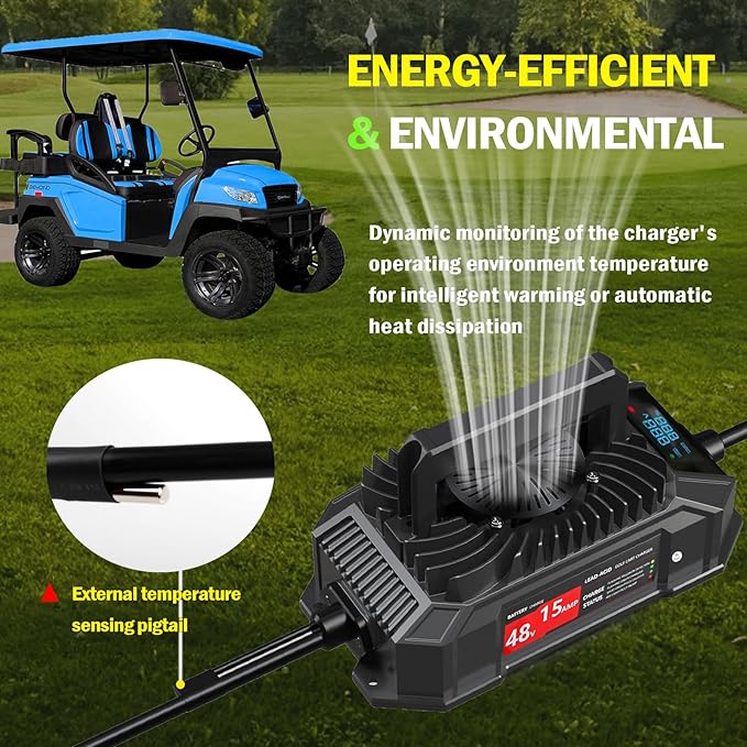 Xislet 15 AMP 48 Volt Golf Cart Battery Charger Compatible with 1995-2025 Club Car Precedent & DS, Round Plug Cable, Lightweight, Waterproof, LED Screen Display, for Lead Acid Battery - Black