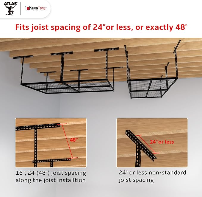 The Atlas Pro 4 x 8 ft Overhead Garage Storage Rack, Ultra Duty 1250lbs Weight Capacity, Adjustable Height 26"-48", Hammertone