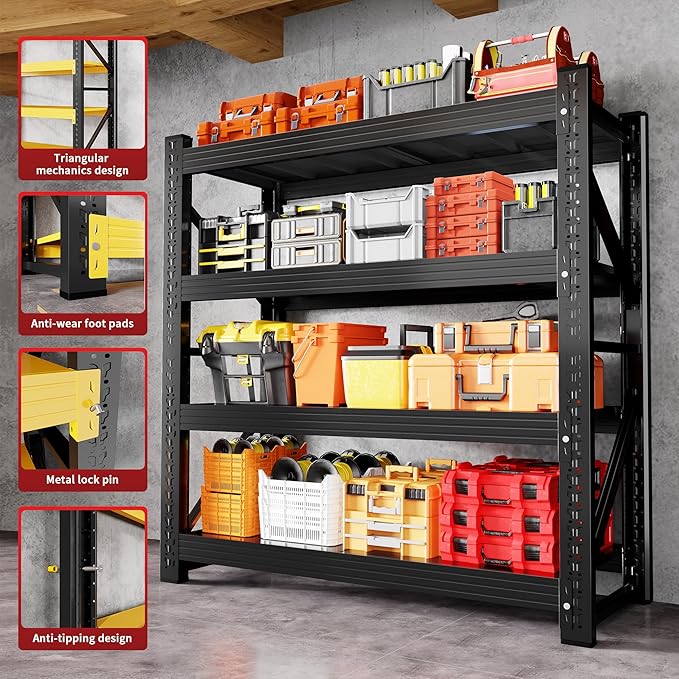 4000LBS Garage Shelving 48" W Garage Shelving Heavy Duty 4-Tier Metal Storage Shelves Adjustable Shelf Unit Storage Rack for Basement Supermarket Warehouse 48" W x 24" D x 78" H Black