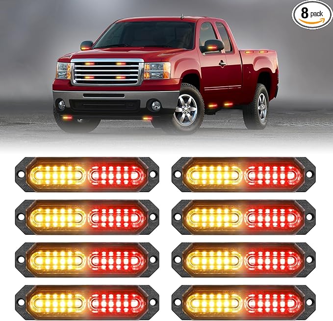 HLauto 1200T Emergency Strobe Grille Lights: 8pcs 12 LED Sync Feature Safety Warning Flashing Lights, Ultra Slim Surface Mount Hazard Caution Lights for Trucks, Vehicles, Car, ATV, UTV (Amber Red)